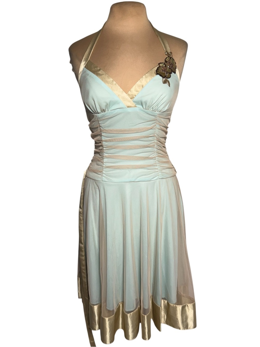 Vintage 90’s Y2K City Triangles Aqua Dress Gold Mesh overlay and trim Fairycore - Picture 3 of 12